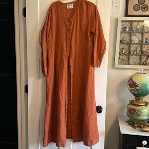 FLAX Linen Medium Long button up Dress or Duster Coverup Apricot Rust color